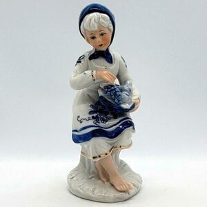 Blue White Gold Vintage Porcelain Grape Basket Woman Figurine AS IS